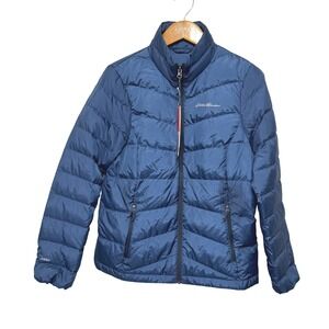Eddie Bauer Chevron Down Quilted Jacket Womens Med Blue NEW